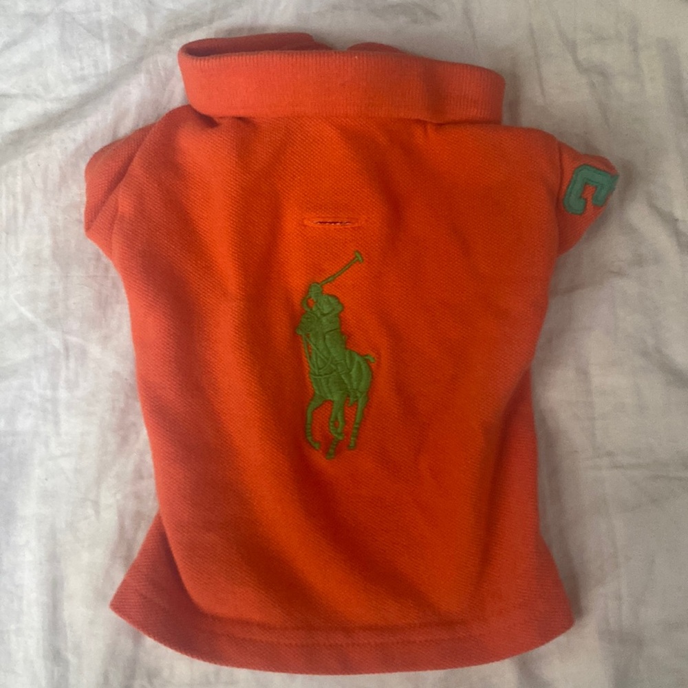 Ralph Lauren polo for dogs, small orange in color. Has been worn. No defects.